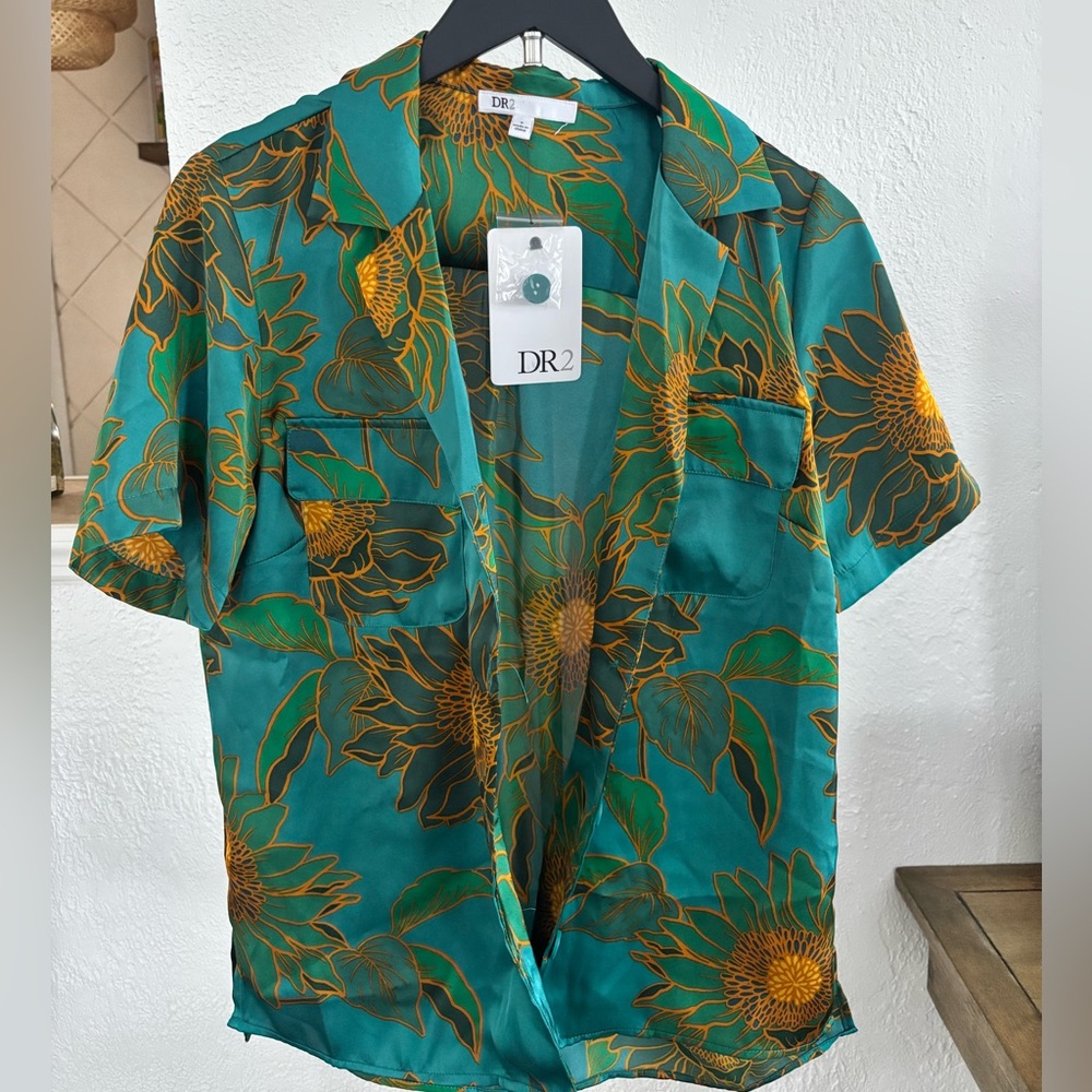 DR2 Teal and Gold Floral Camp Collar Shirt